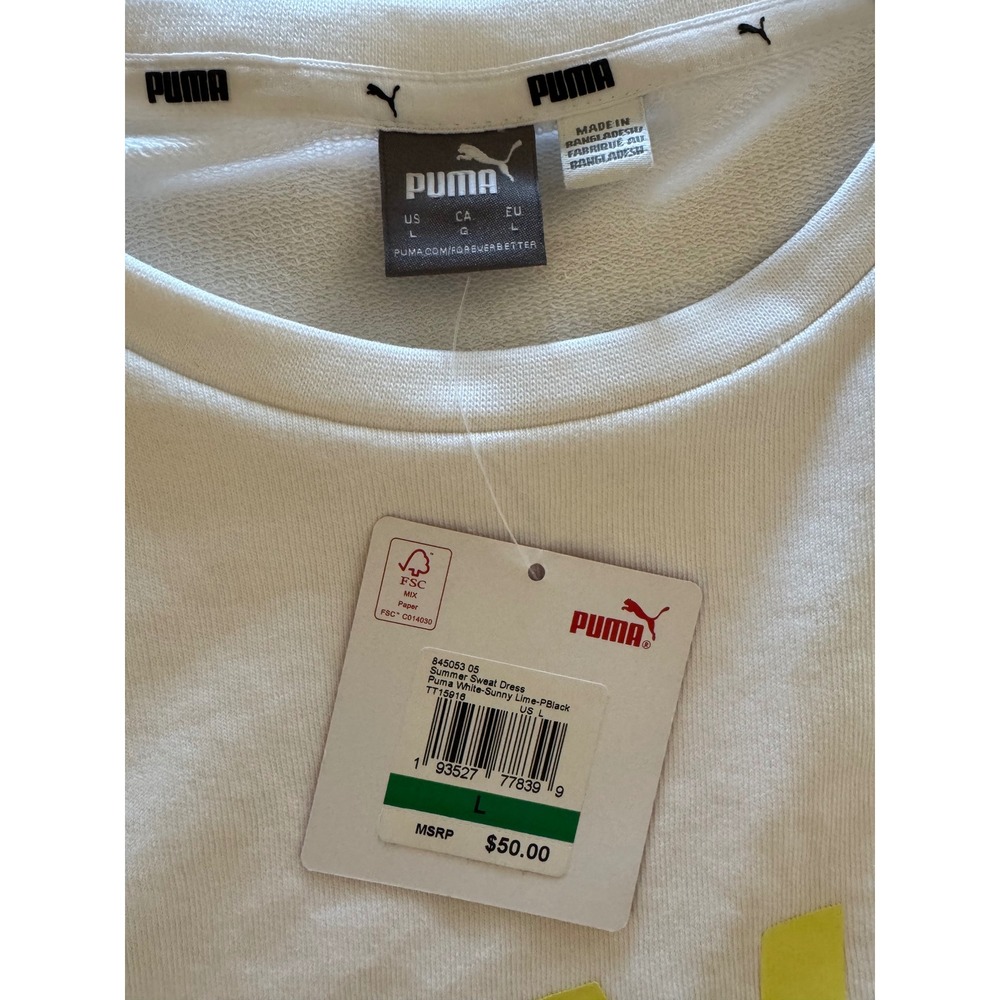 Puma Womens Summer Sweat Dress White Sunny Lime Graphic Logo Mini Pockets L NEW - Picture 2 of 3